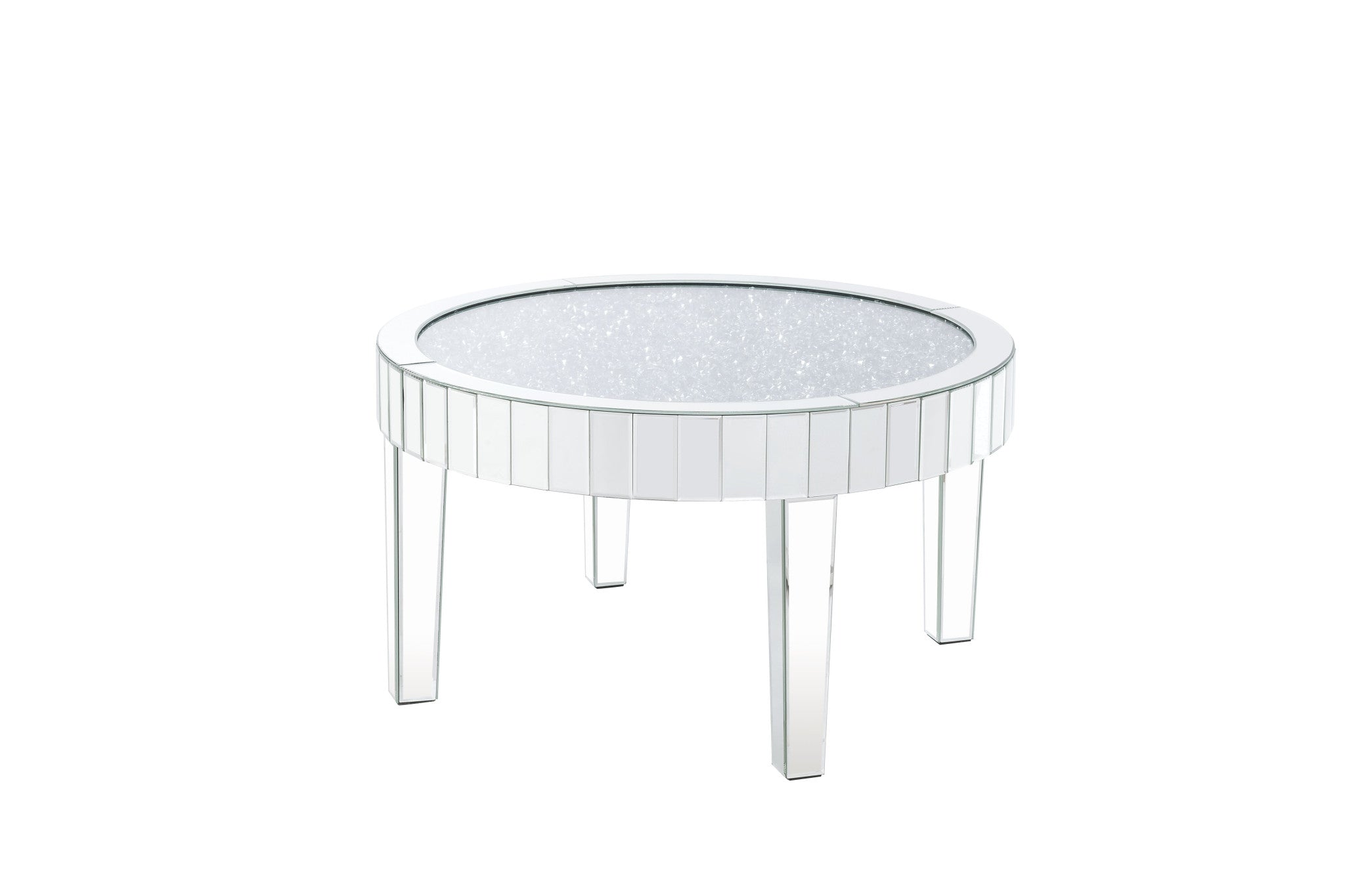 Mesa de centro redonda con espejo de madera fabricada y vidrio transparente plateado de 32"