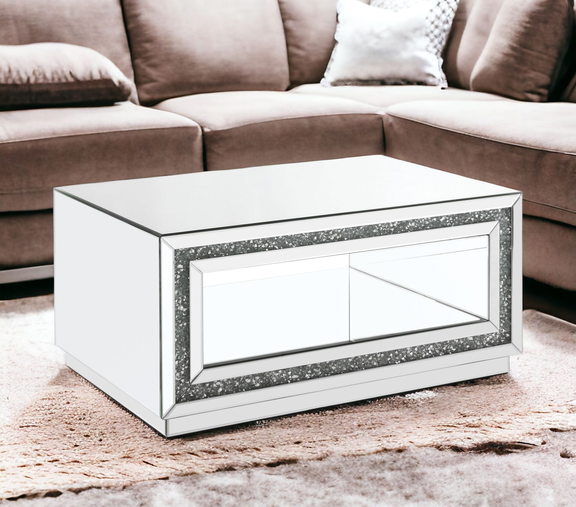 35 英寸銀色鏡面人造木質矩形鏡面咖啡桌帶架子