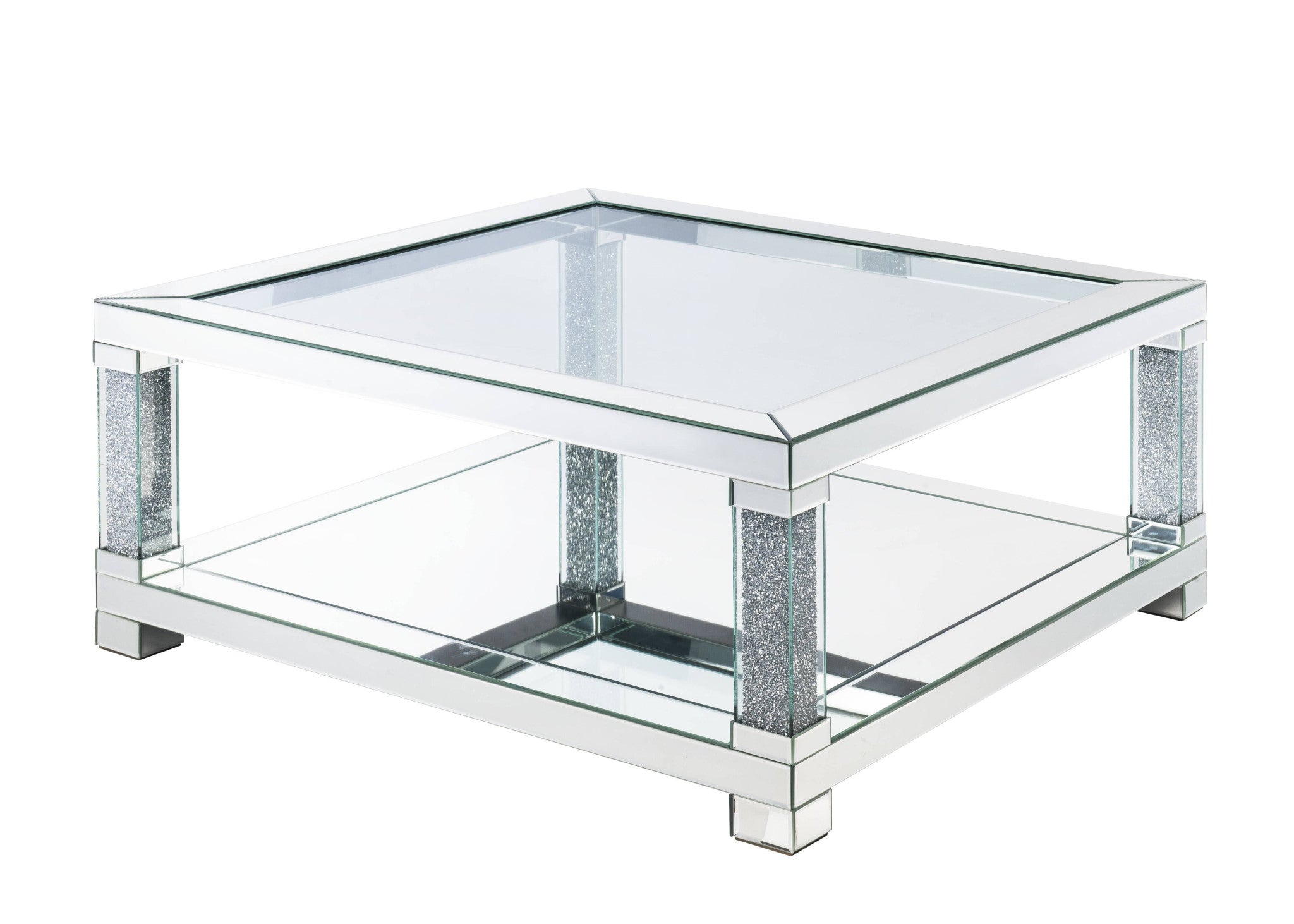 Mesa de centro cuadrada de 40" con espejo y vidrio transparente y madera manufacturada con espejo y estante