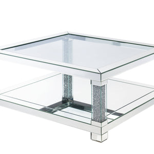 Mesa de centro cuadrada de 40" con espejo y vidrio transparente y madera manufacturada con espejo y estante