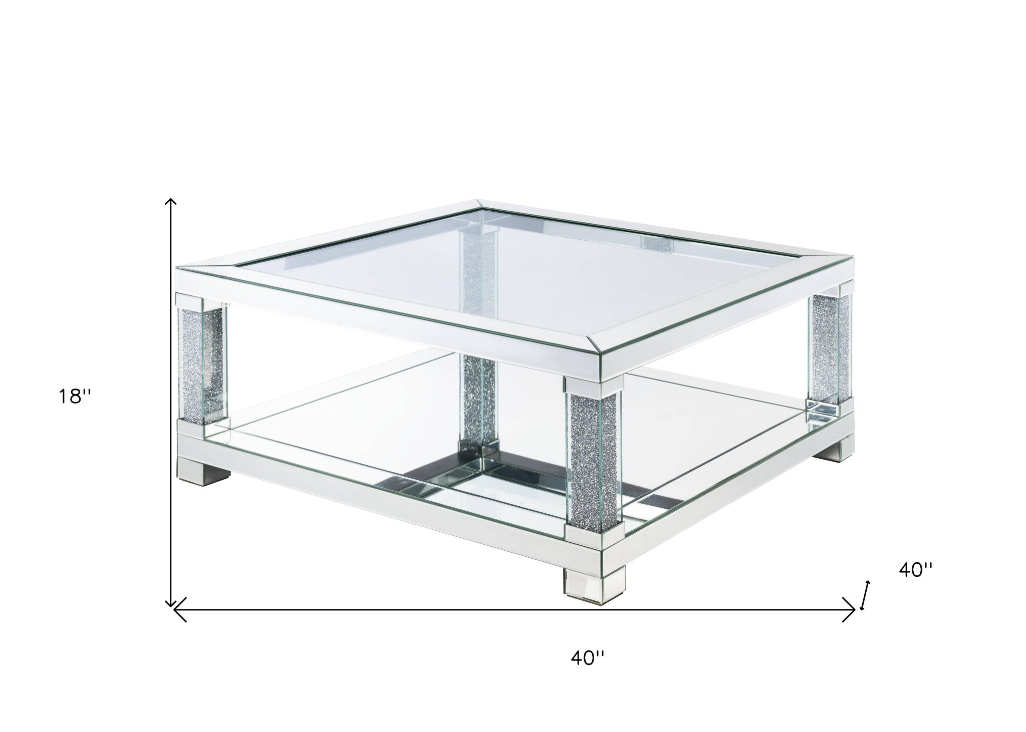 Mesa de centro cuadrada de 40" con espejo y vidrio transparente y madera manufacturada con espejo y estante