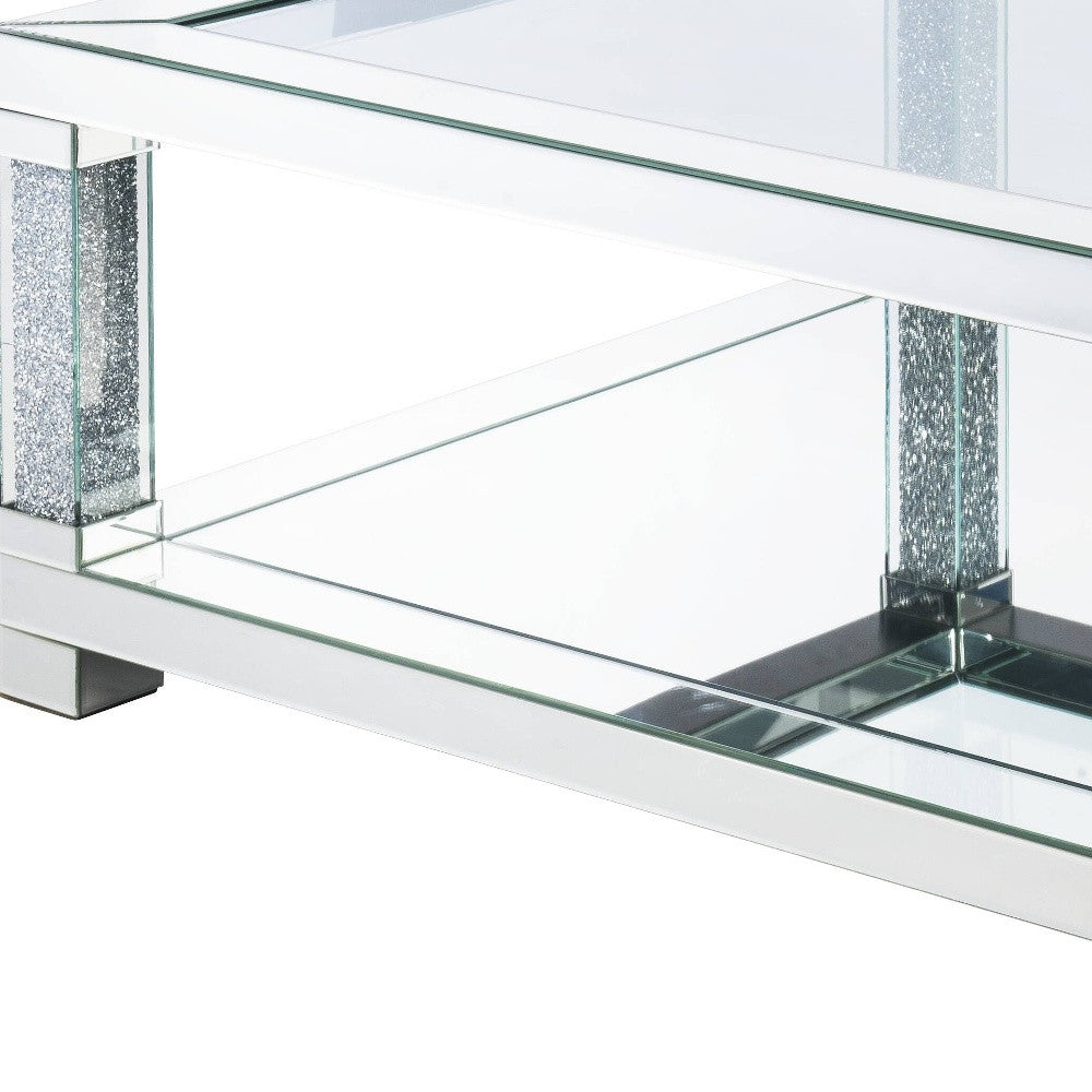 Mesa de centro cuadrada de 40" con espejo y vidrio transparente y madera manufacturada con espejo y estante