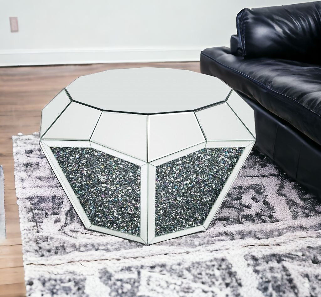 28" Silver And Clear Glass And Manufactured Wood Round Mirrored Coffee Table