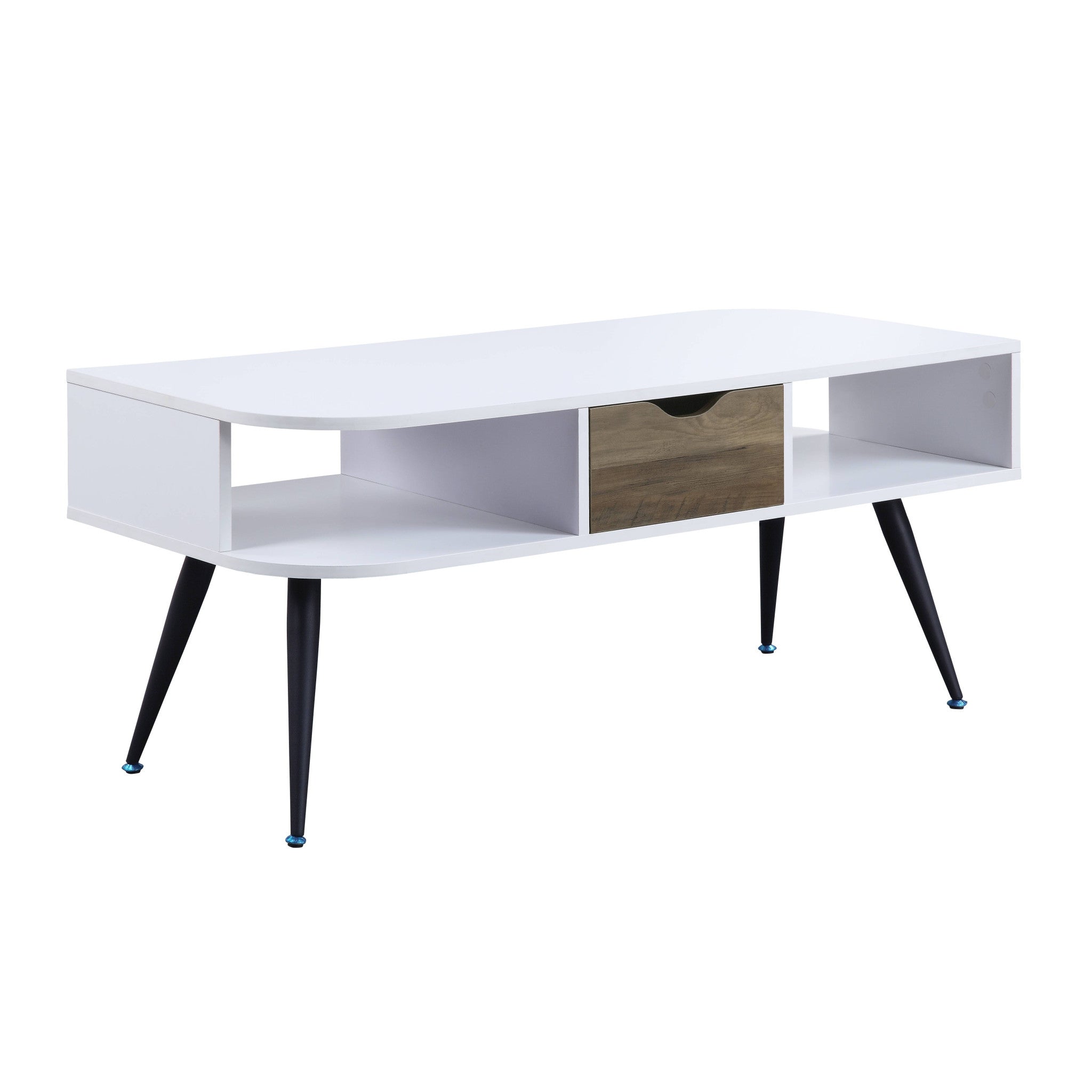 Mesa de centro rectangular de 44" enchapada en melamina en blanco y negro y metal con cajón y estante