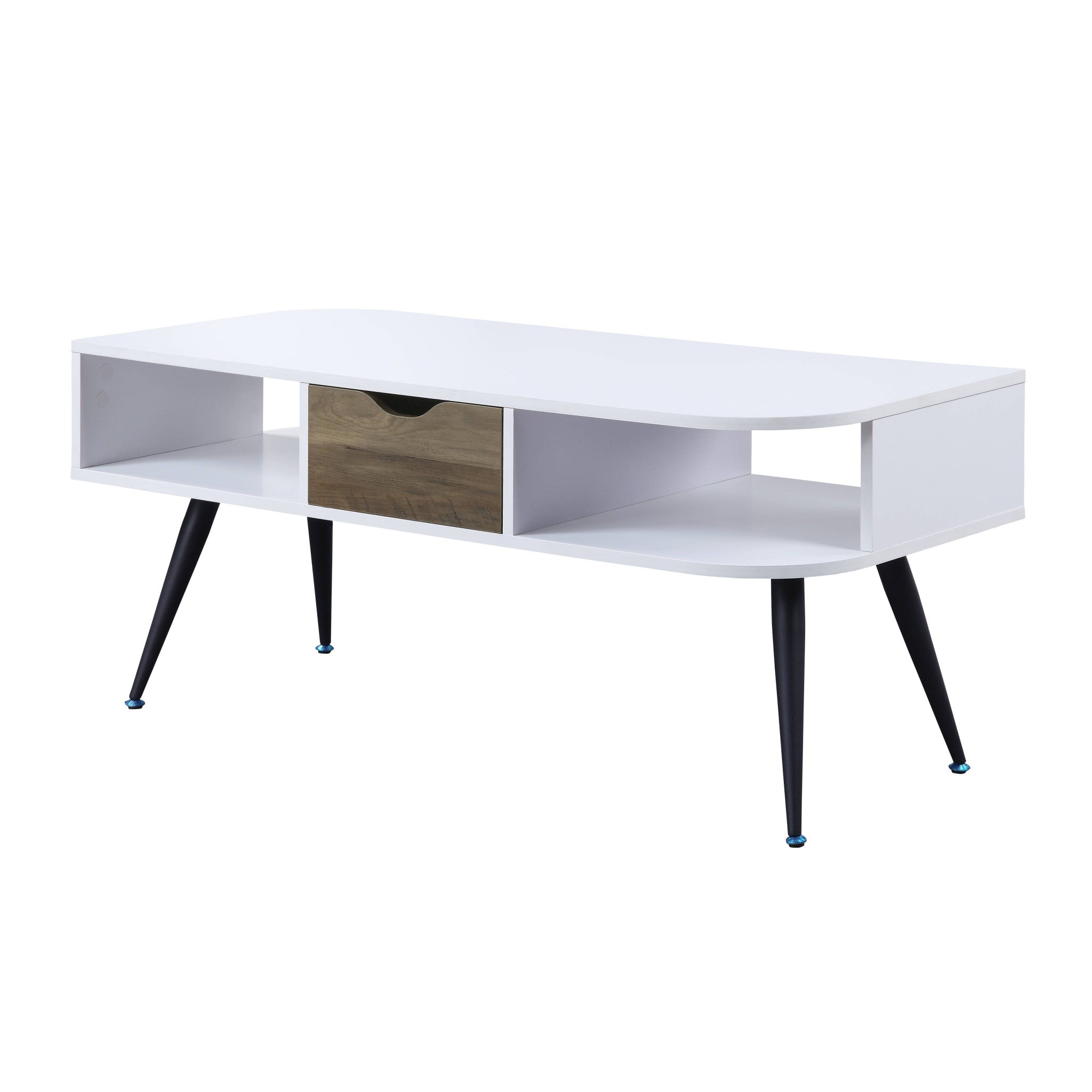 Mesa de centro rectangular de 44" enchapada en melamina en blanco y negro y metal con cajón y estante