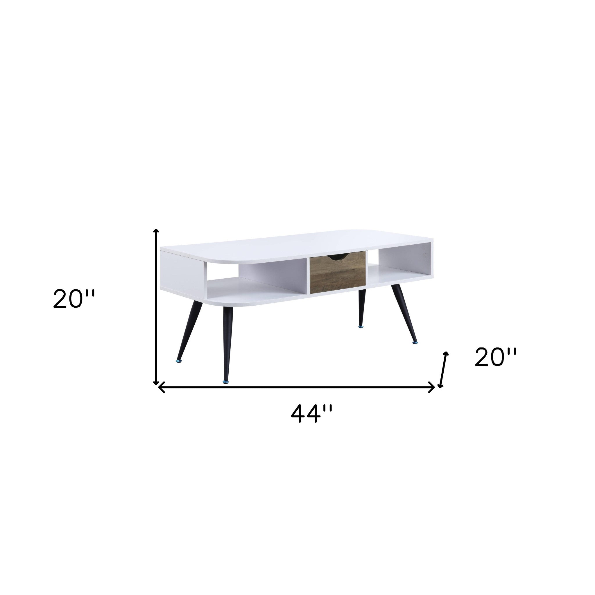 Mesa de centro rectangular de 44" enchapada en melamina en blanco y negro y metal con cajón y estante