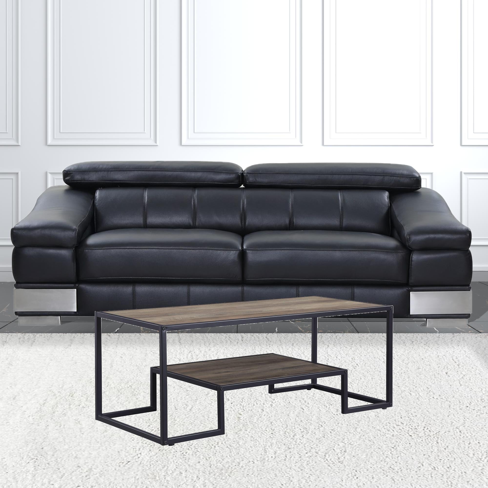 45 英寸黑色仿古橡木紙貼面金屬長方形咖啡桌帶擱板