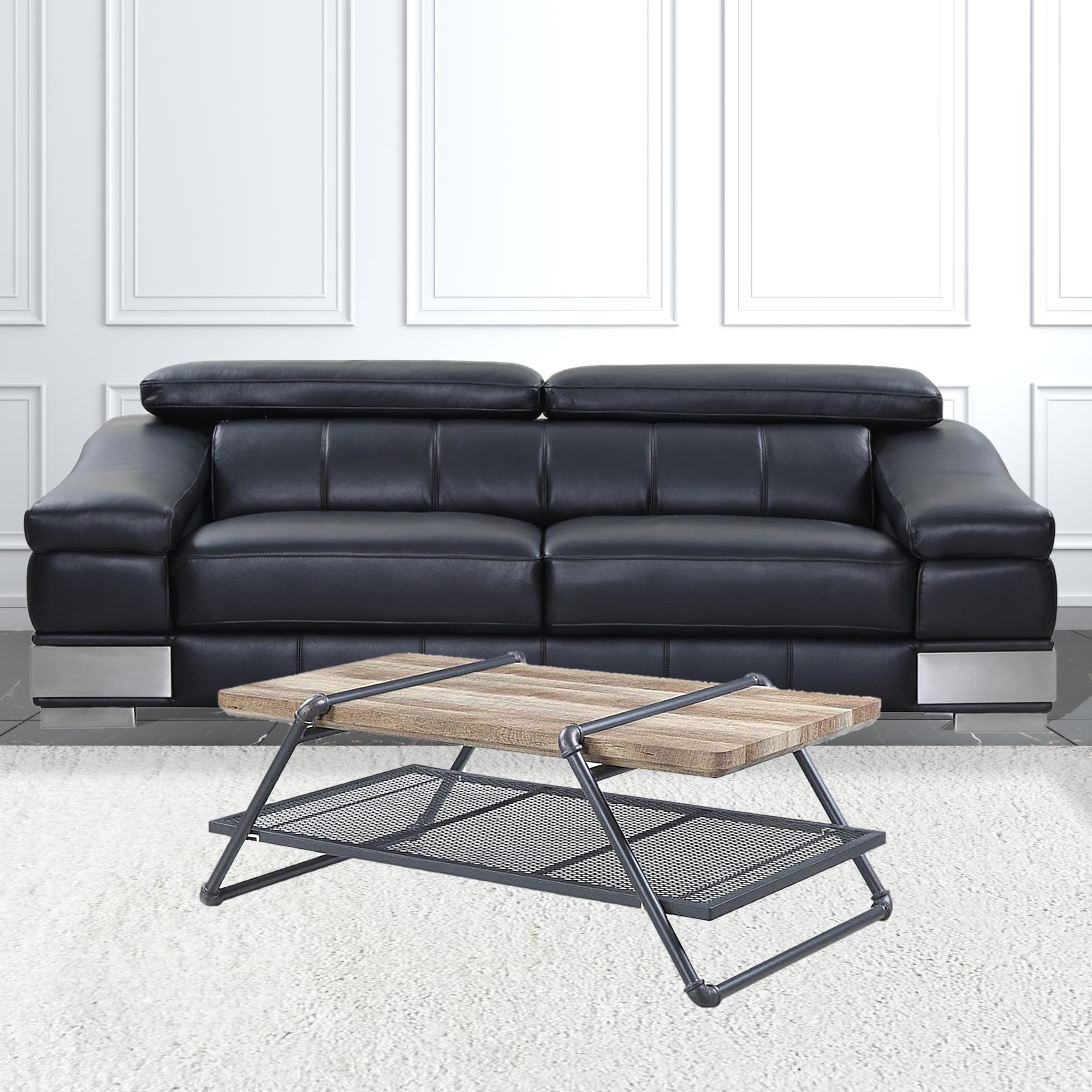 47 英寸沙灰色和橡木紙飾面和金屬矩形咖啡桌帶架子