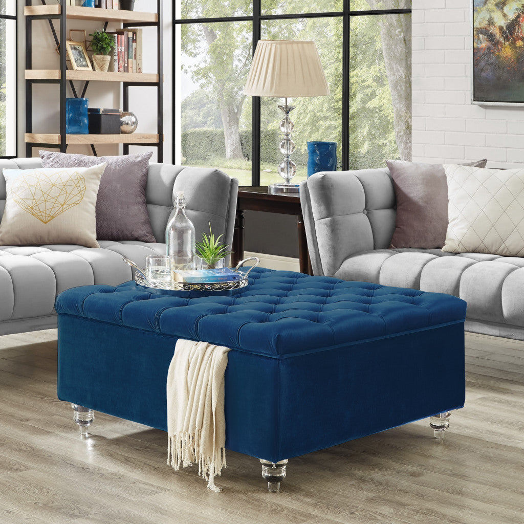 36" Blue Velvet With White And Clear Tufted Storage Ottoman