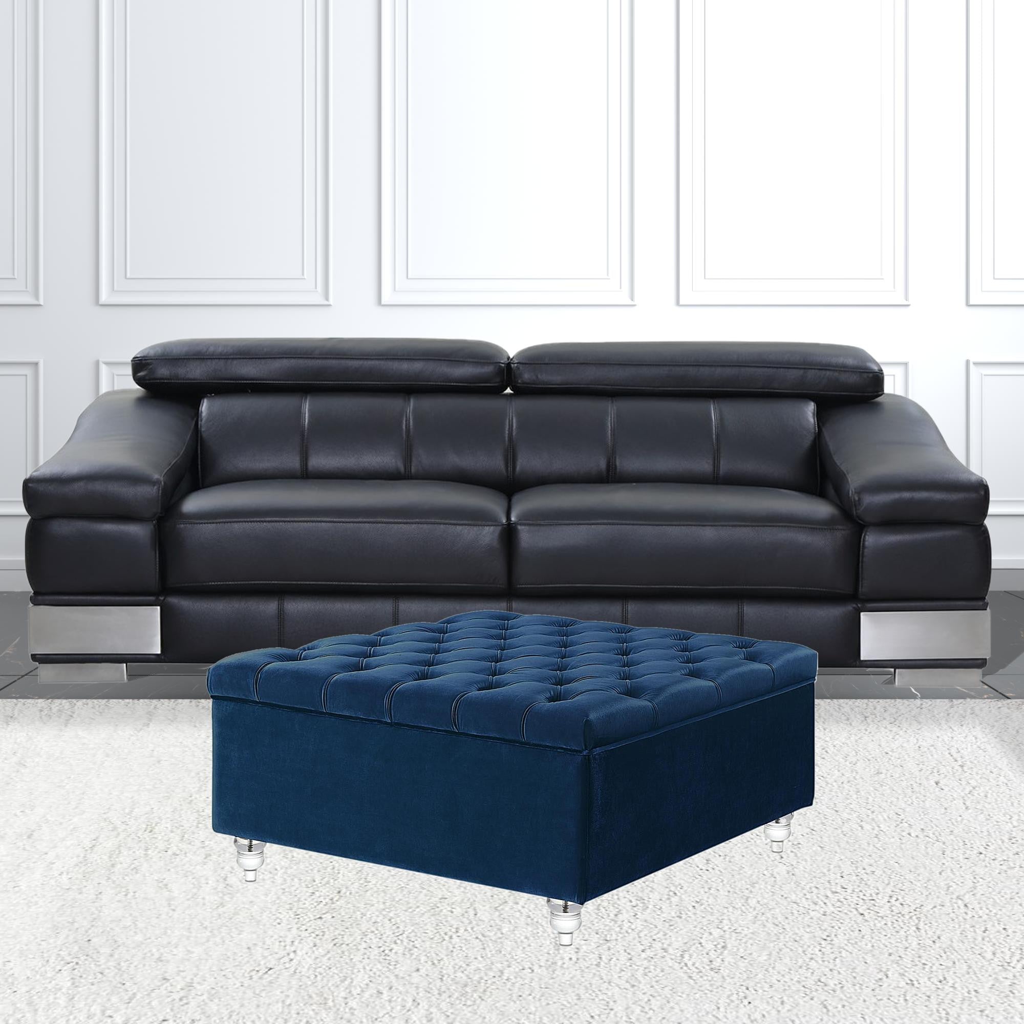 36" Blue Velvet With White And Clear Tufted Storage Ottoman