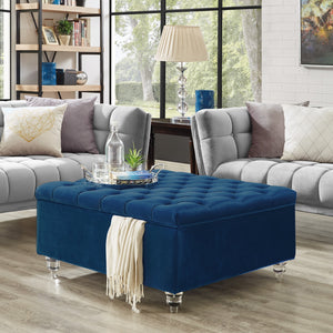 36" Blue Velvet With White And Clear Tufted Storage Ottoman