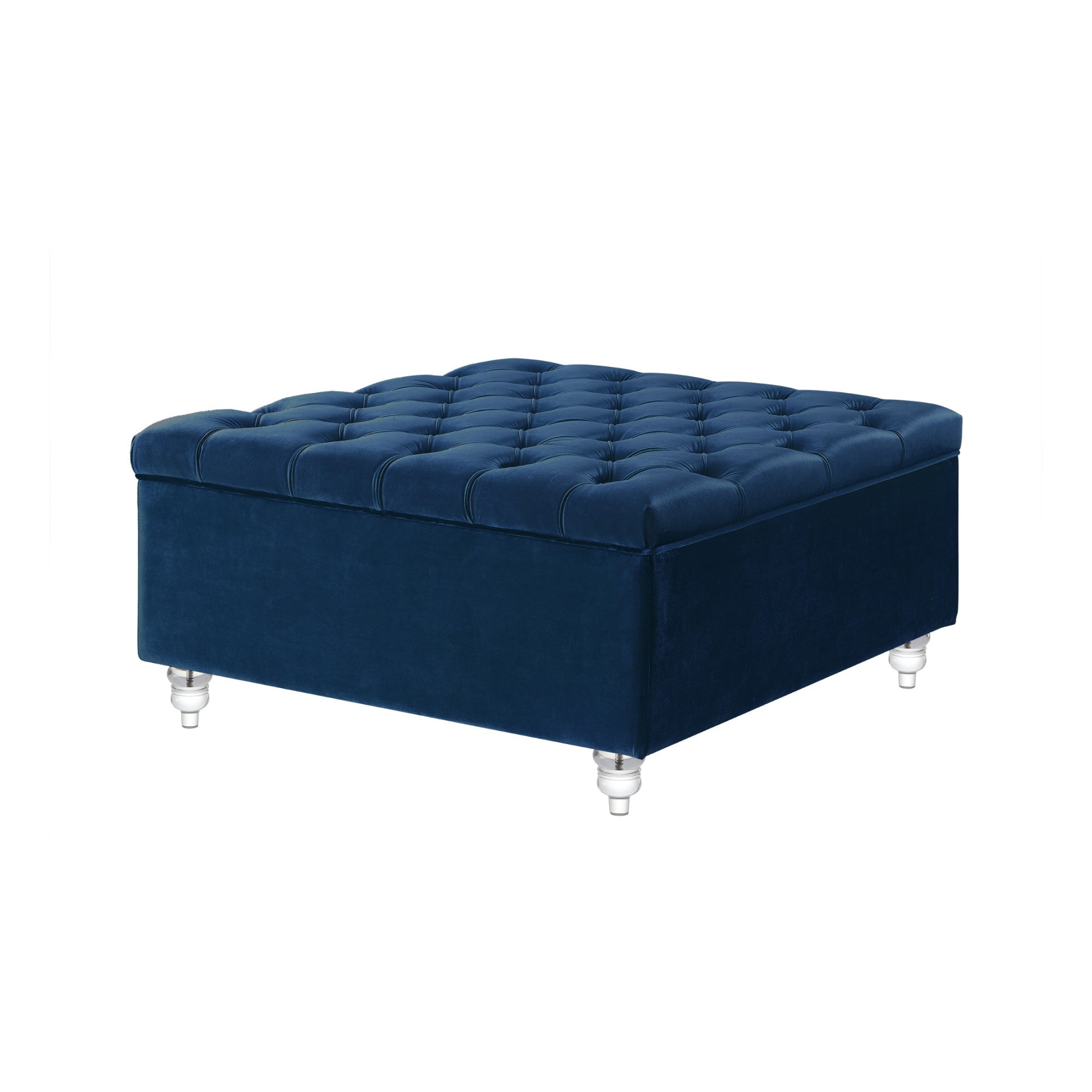 36" Blue Velvet With White And Clear Tufted Storage Ottoman