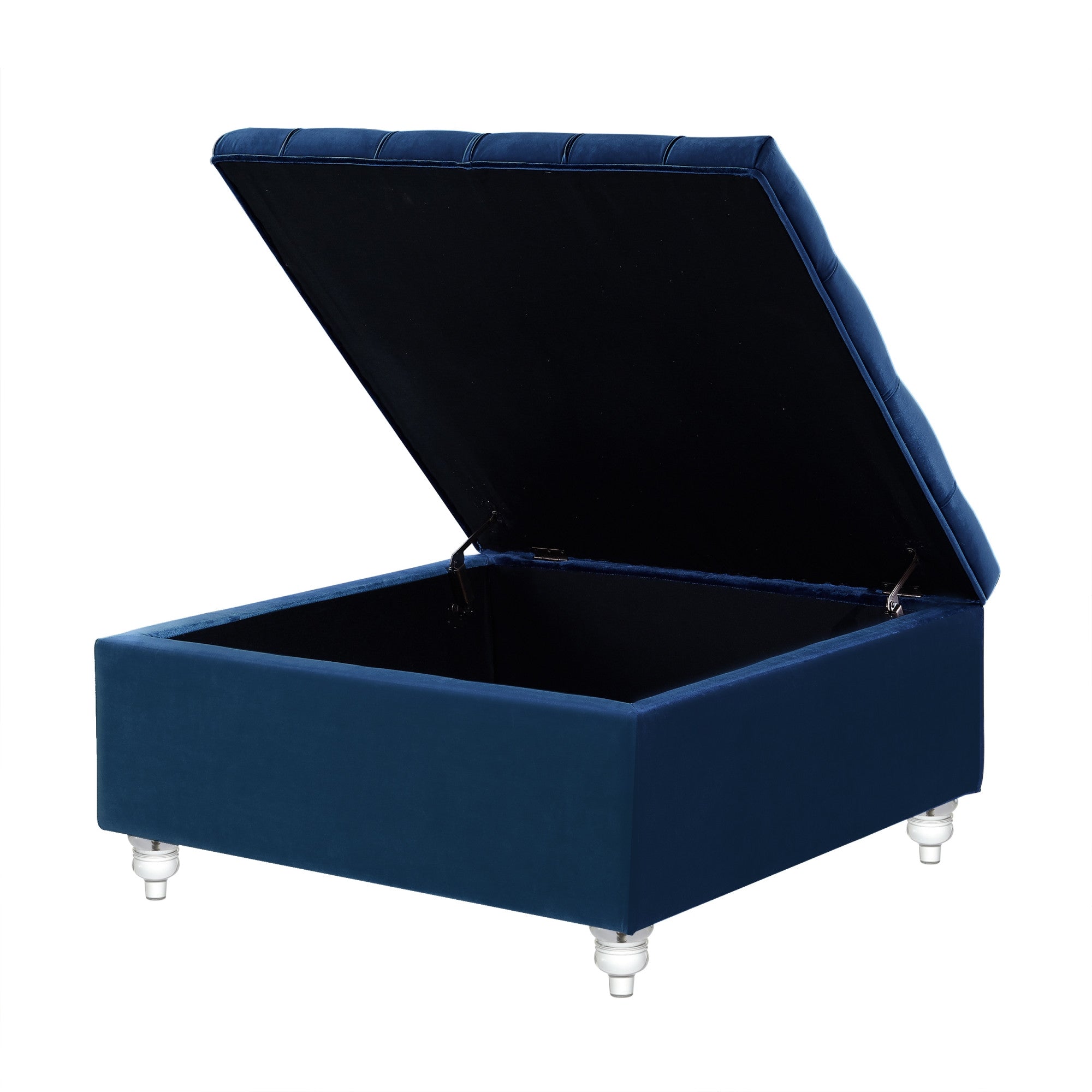 36" Blue Velvet With White And Clear Tufted Storage Ottoman