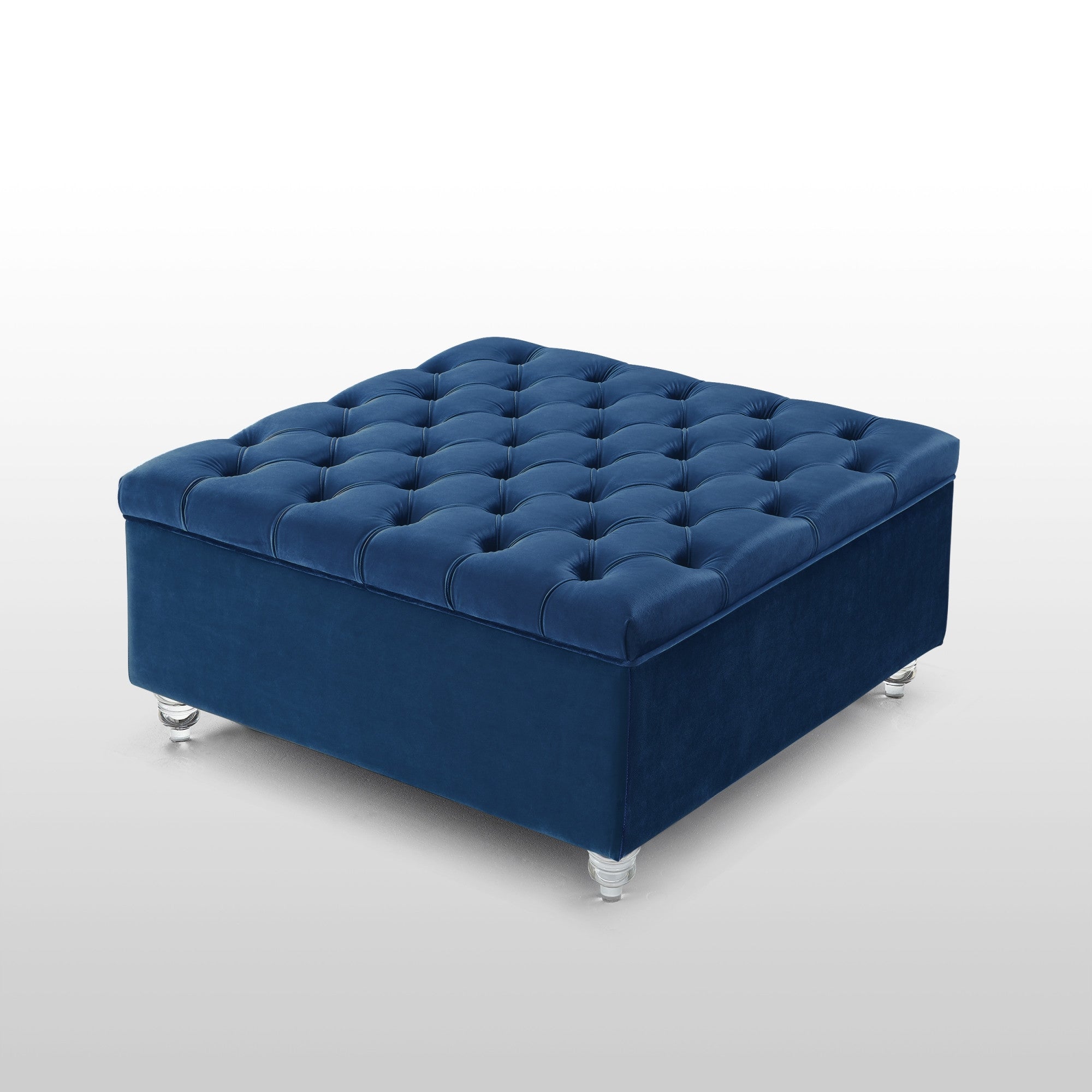 36" Blue Velvet With White And Clear Tufted Storage Ottoman
