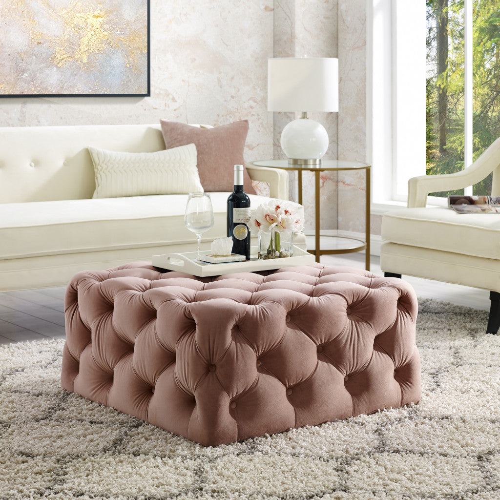 Blush Velvet With Black Tufted Cocktail Ottoman 33"