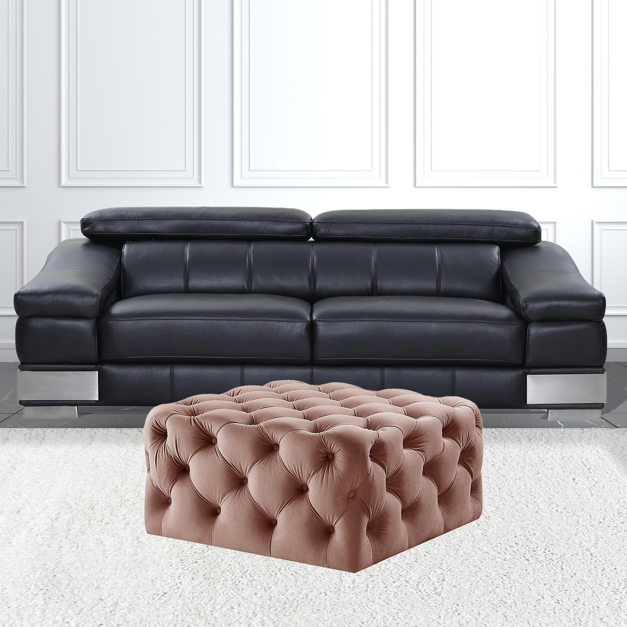 Blush Velvet With Black Tufted Cocktail Ottoman 33"