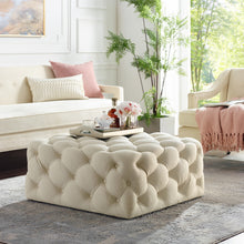 Cream White 100% Linen With Black Tufted Cocktail Ottoman 33