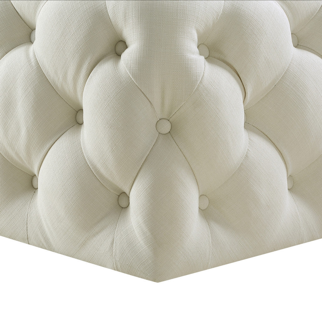 Cream White 100% Linen With Black Tufted Cocktail Ottoman 33"