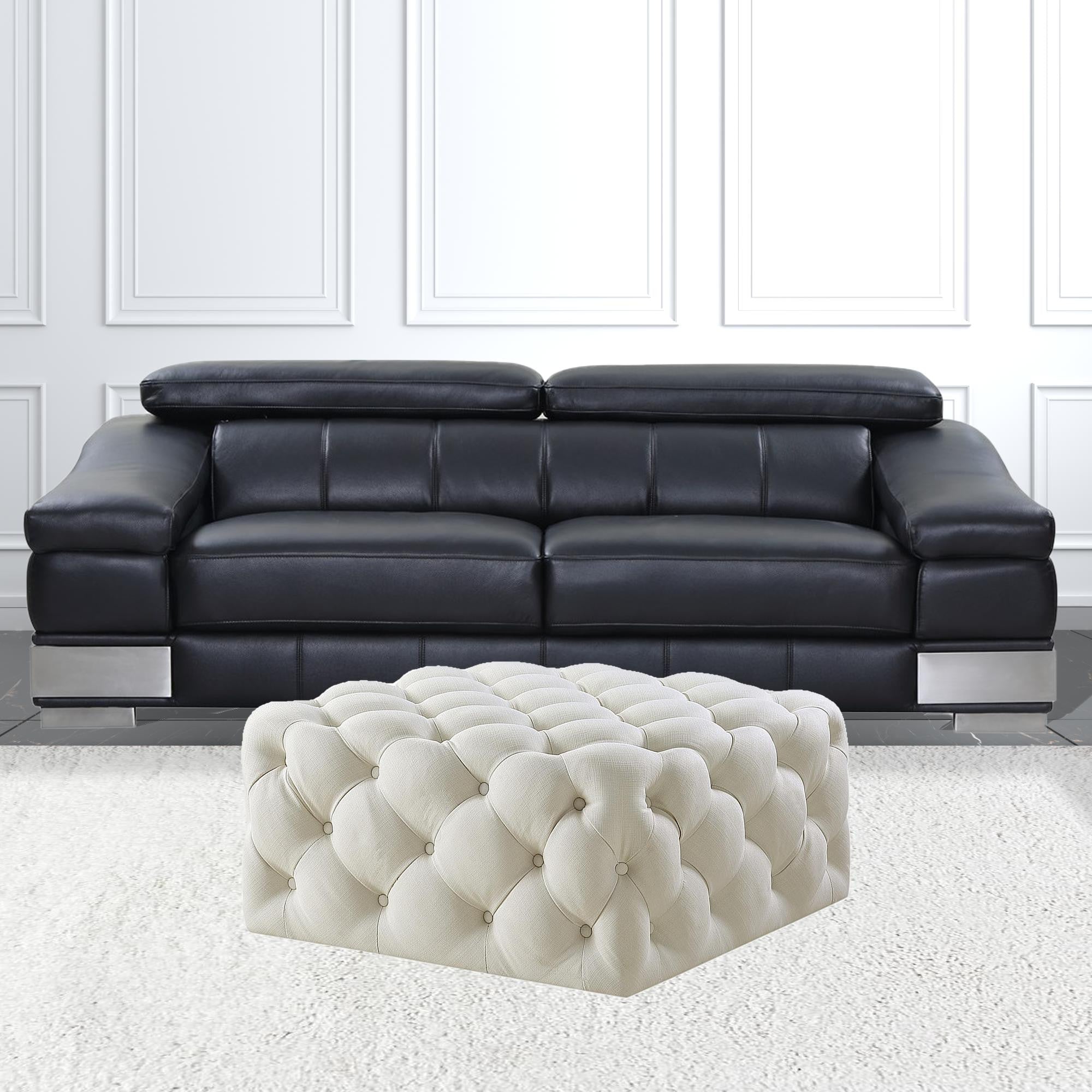 Cream White 100% Linen With Black Tufted Cocktail Ottoman 33"