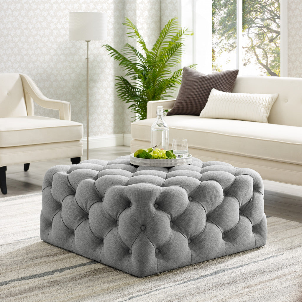 Light Grey 100% Linen With Black Tufted Cocktail Ottoman 33"