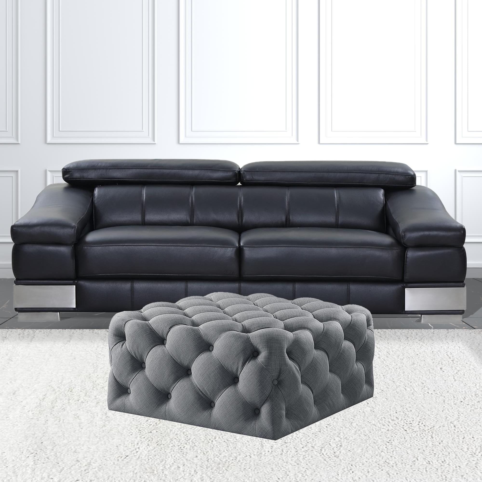 Light Grey 100% Linen With Black Tufted Cocktail Ottoman 33"