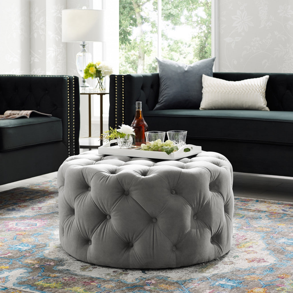33" Grey Velvet With Black Tufted Round Cocktail Ottoman