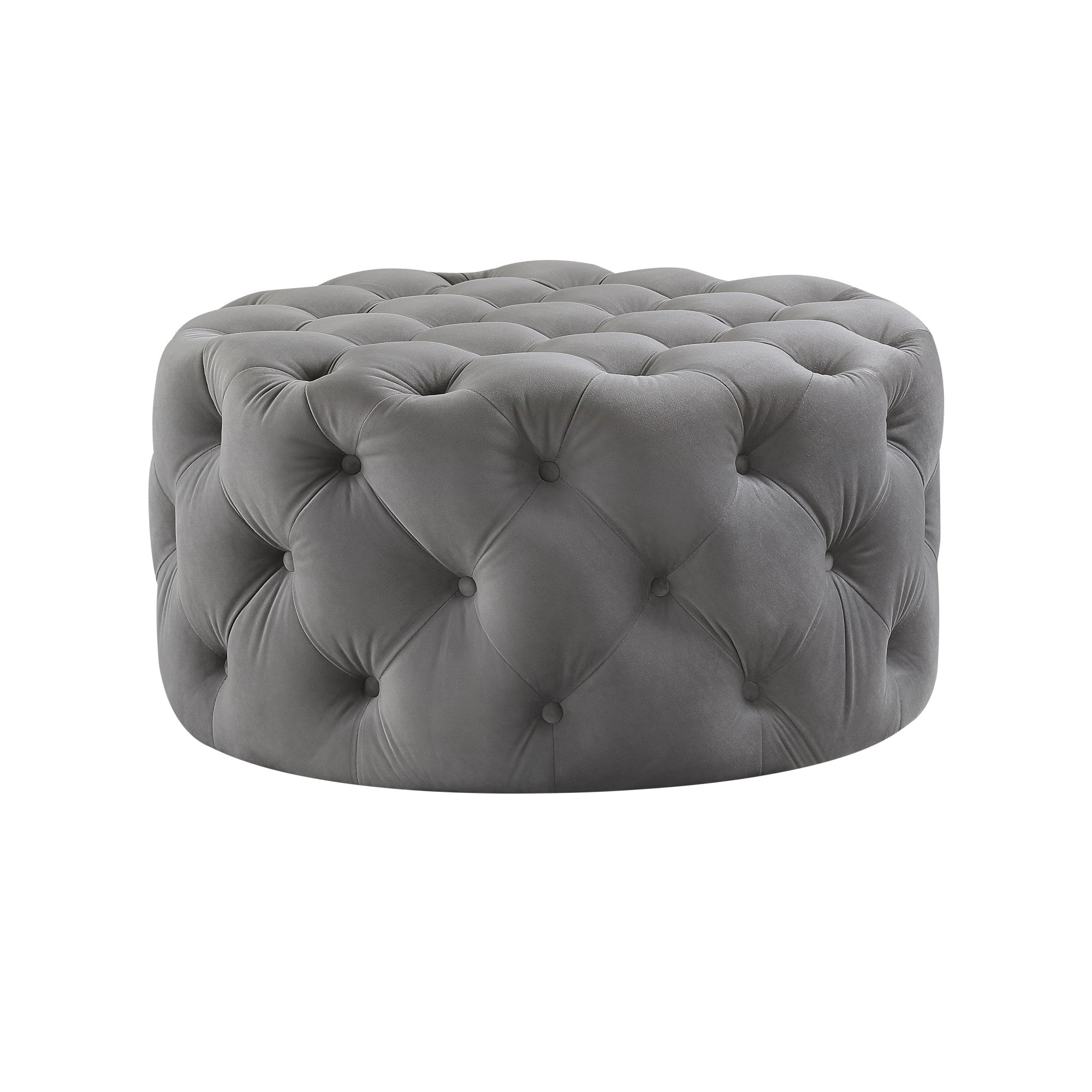 33" Grey Velvet With Black Tufted Round Cocktail Ottoman
