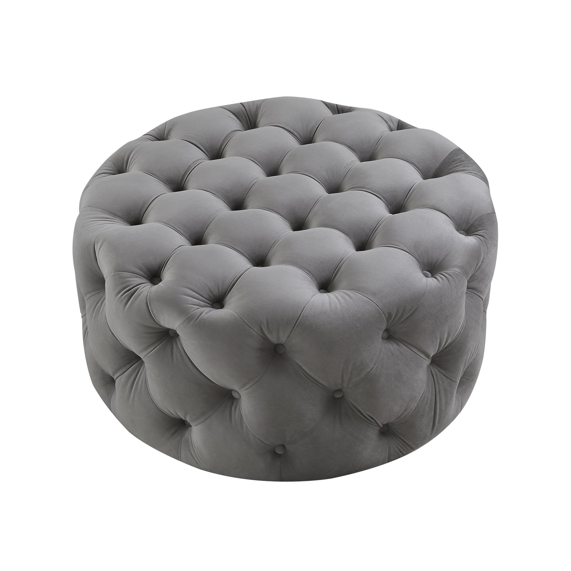 33" Grey Velvet With Black Tufted Round Cocktail Ottoman