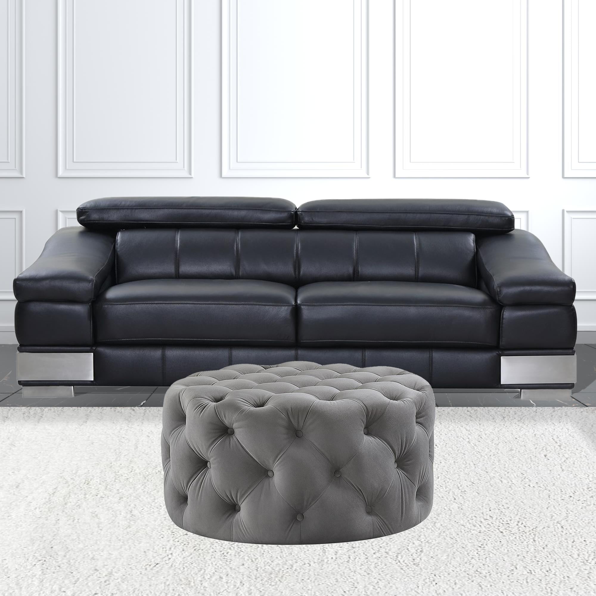 33" Grey Velvet With Black Tufted Round Cocktail Ottoman