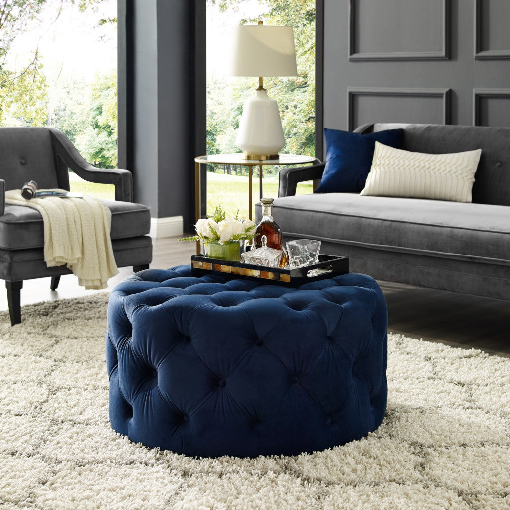 33" Navy Velvet With Black Tufted Round Cocktail Ottoman