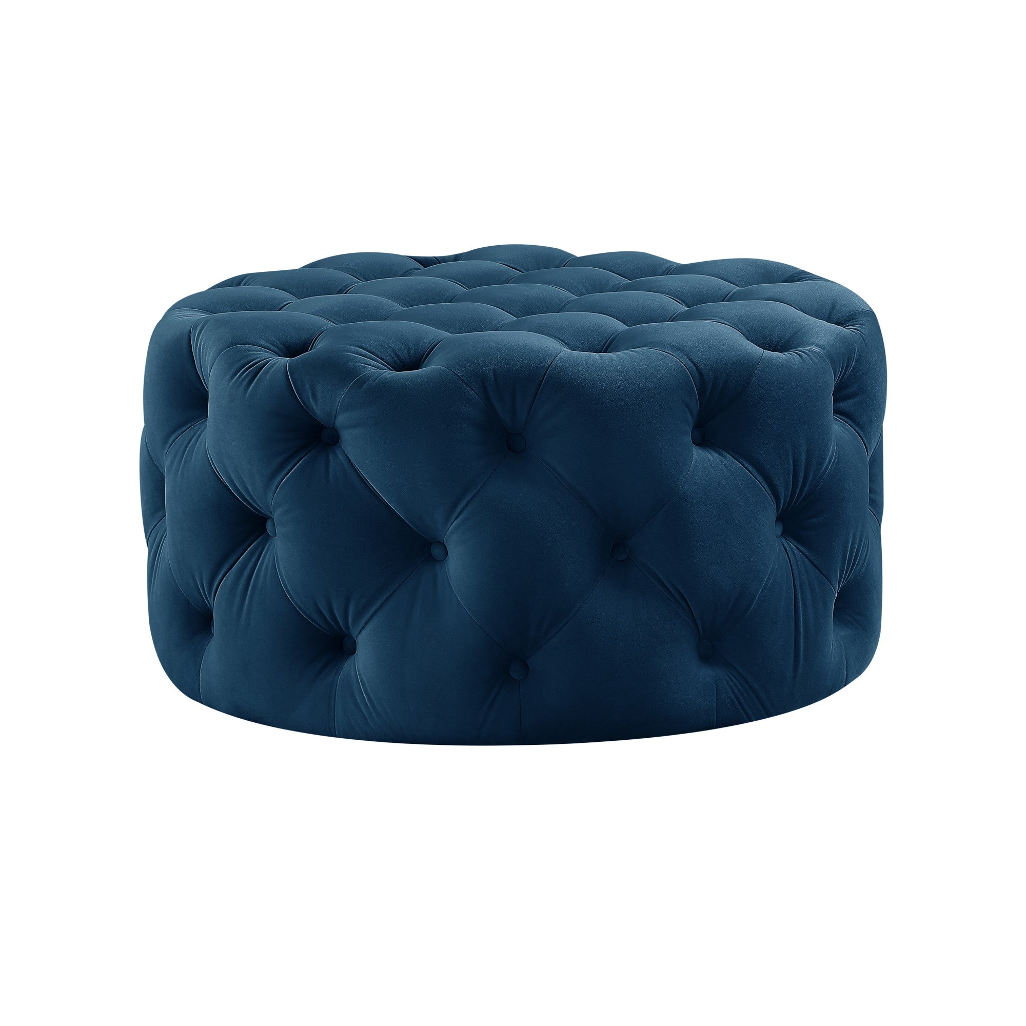 33" Navy Velvet With Black Tufted Round Cocktail Ottoman