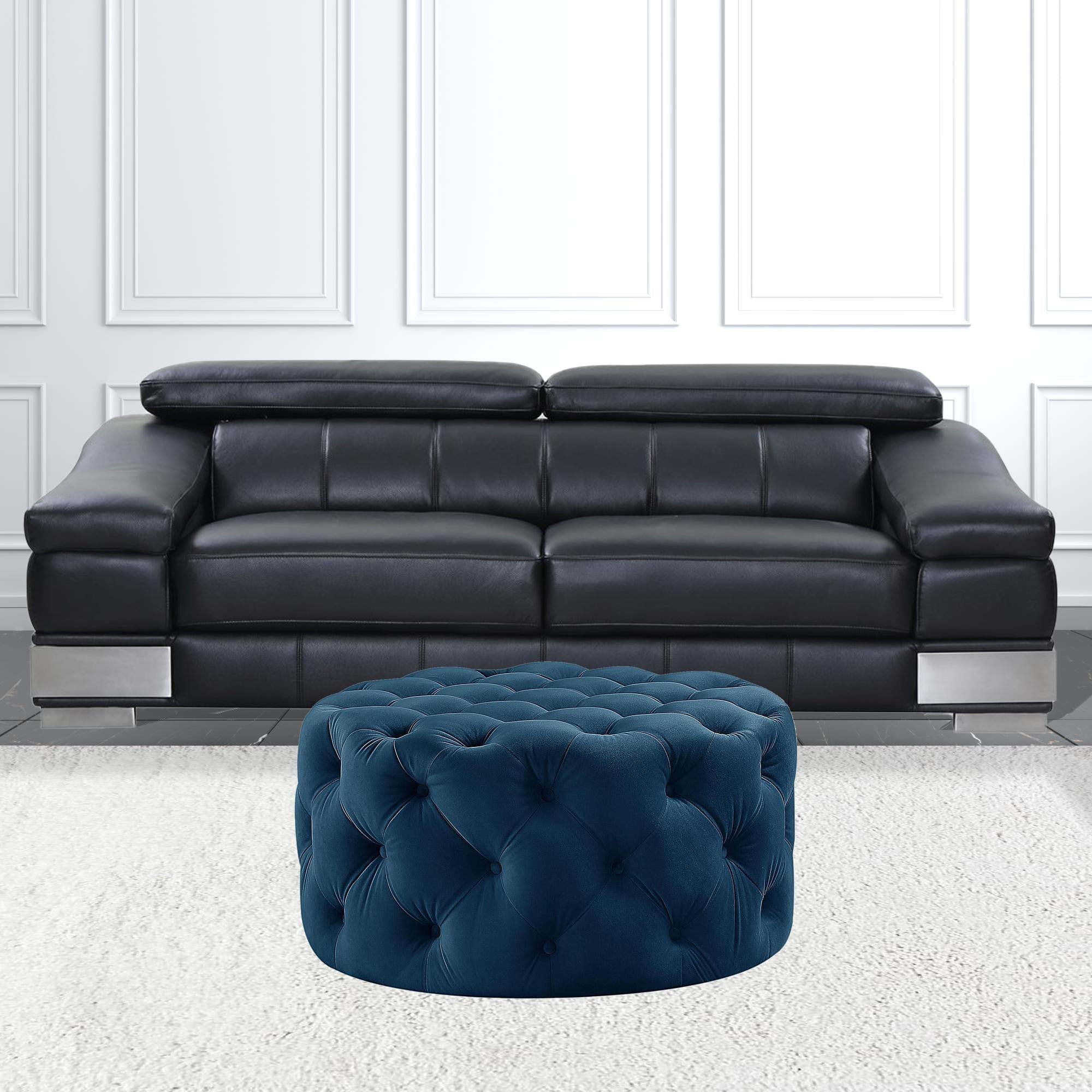33" Navy Velvet With Black Tufted Round Cocktail Ottoman