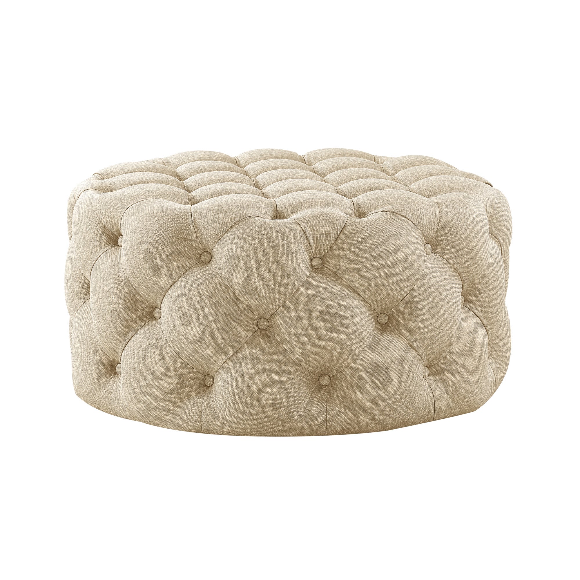 33" Beige 100% Linen With Black Tufted Round Cocktail Ottoman