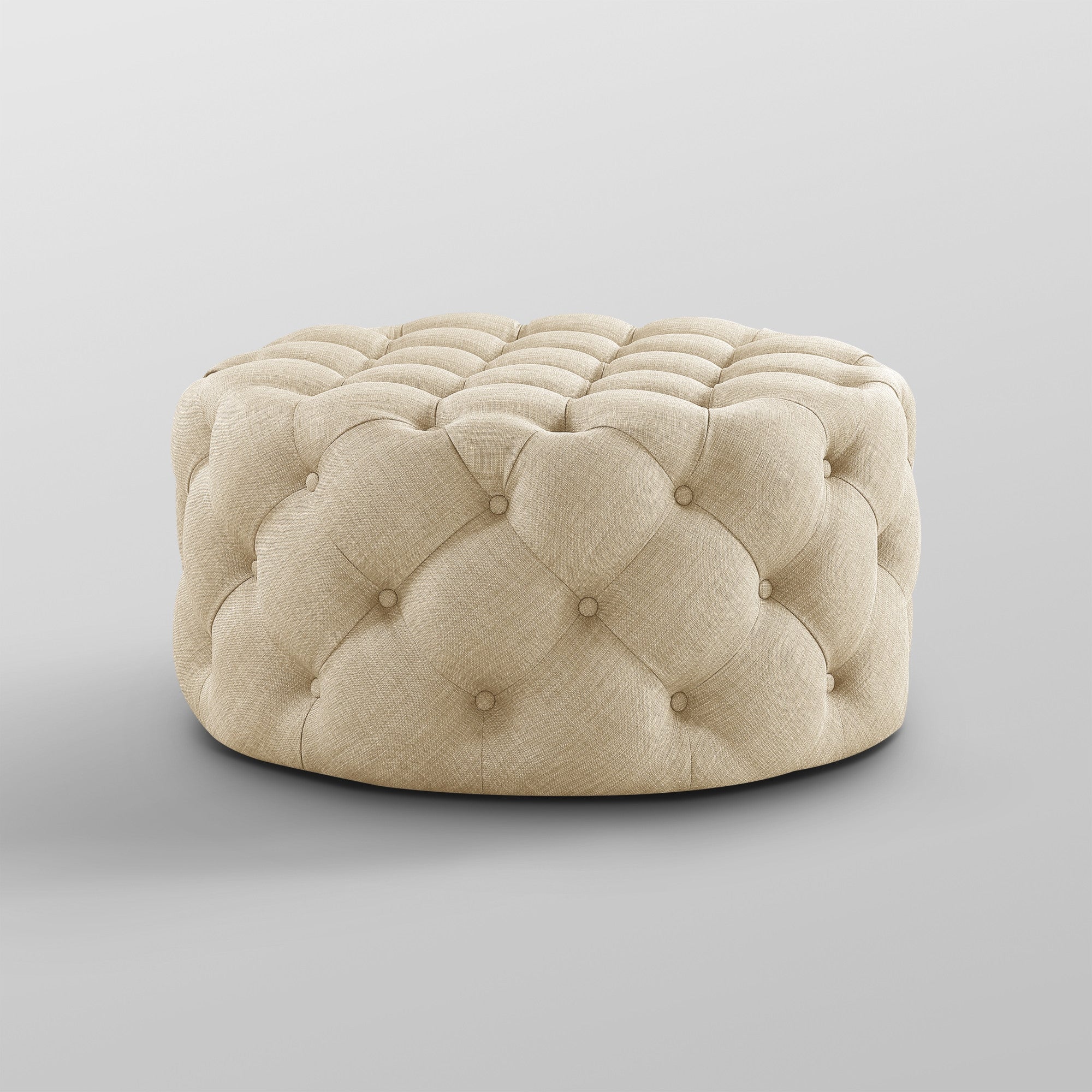 33" Beige 100% Linen With Black Tufted Round Cocktail Ottoman