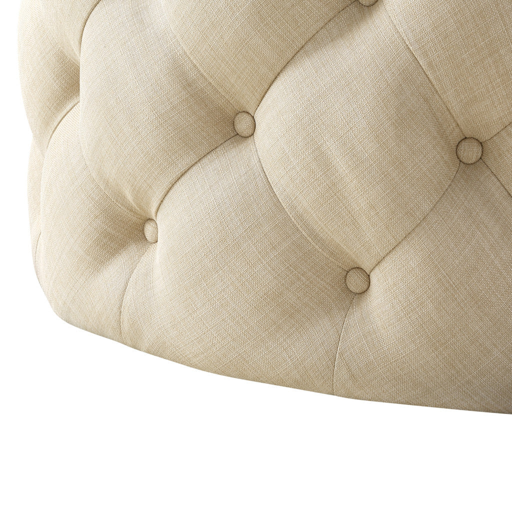 33" Beige 100% Linen With Black Tufted Round Cocktail Ottoman