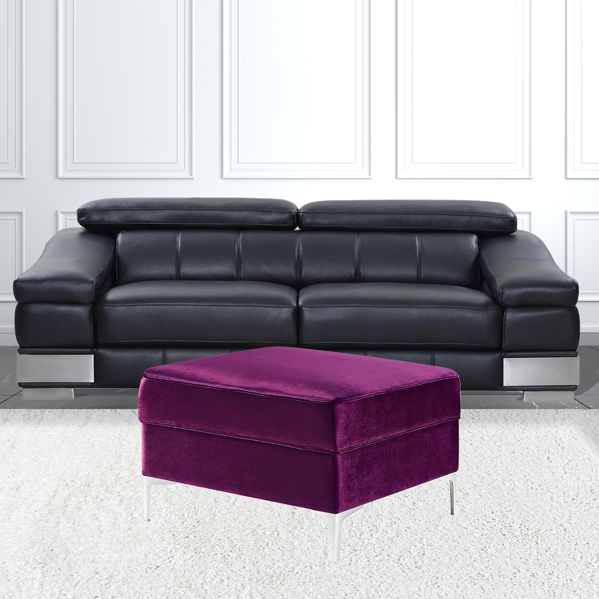 30" Purple Velvet And Silver Storage Ottoman