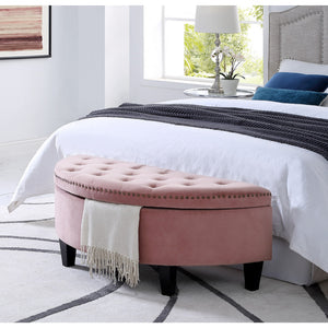 44" Blush Velvet And Black Tufted Half Circle Storage Ottoman