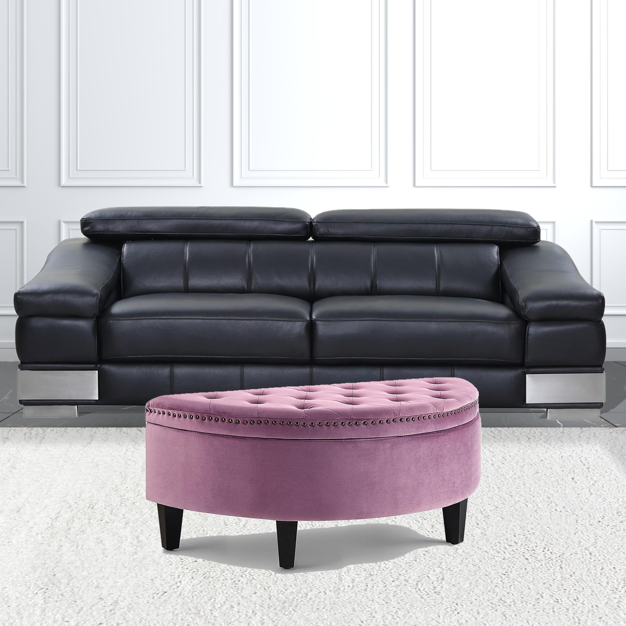 44" Mauve Velvet And Black Tufted Half Circle Storage Ottoman