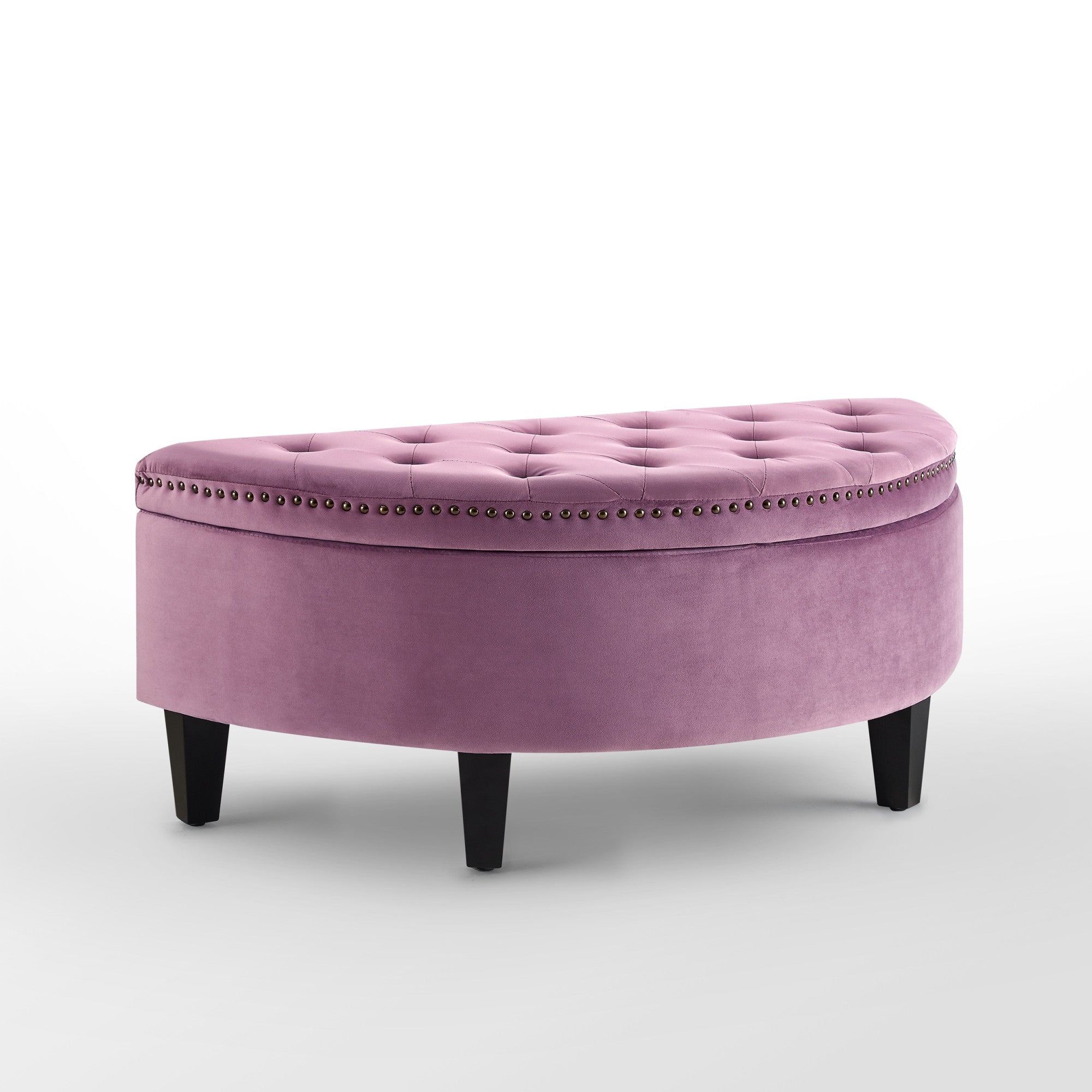 44" Mauve Velvet And Black Tufted Half Circle Storage Ottoman