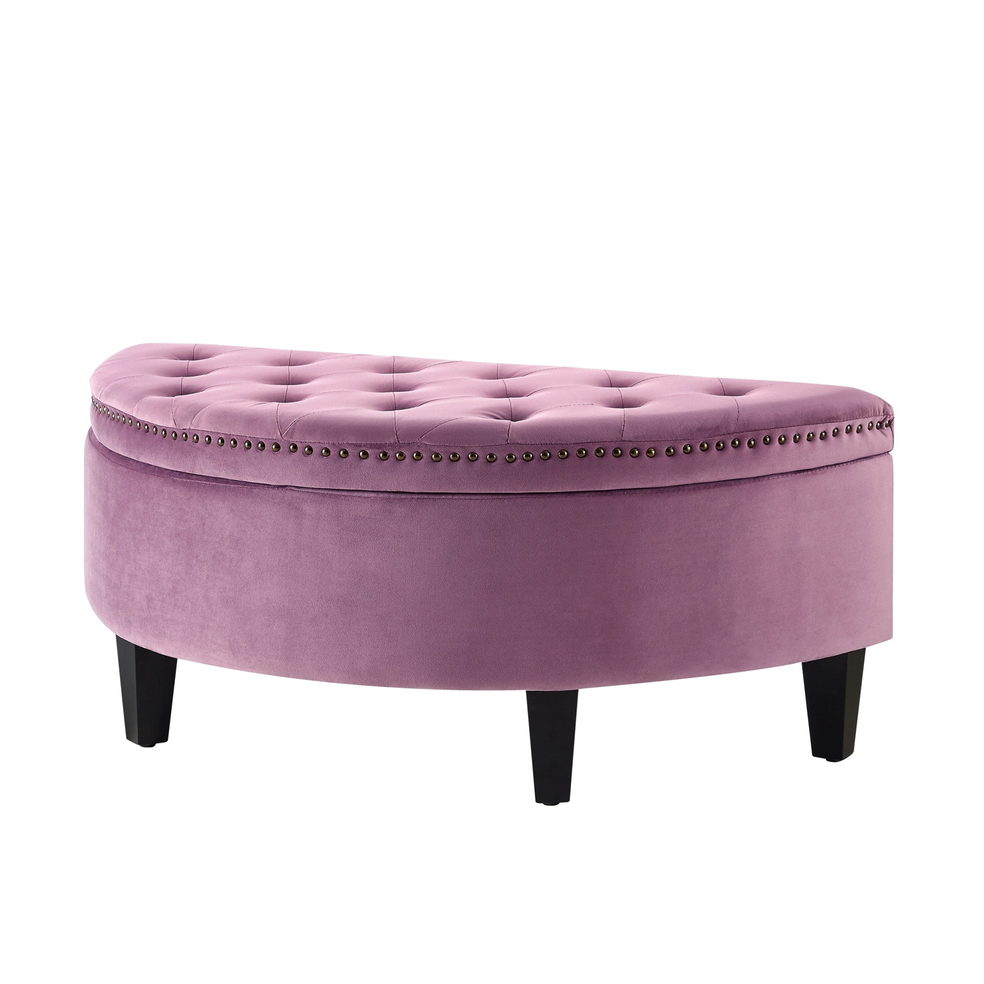 44" Mauve Velvet And Black Tufted Half Circle Storage Ottoman
