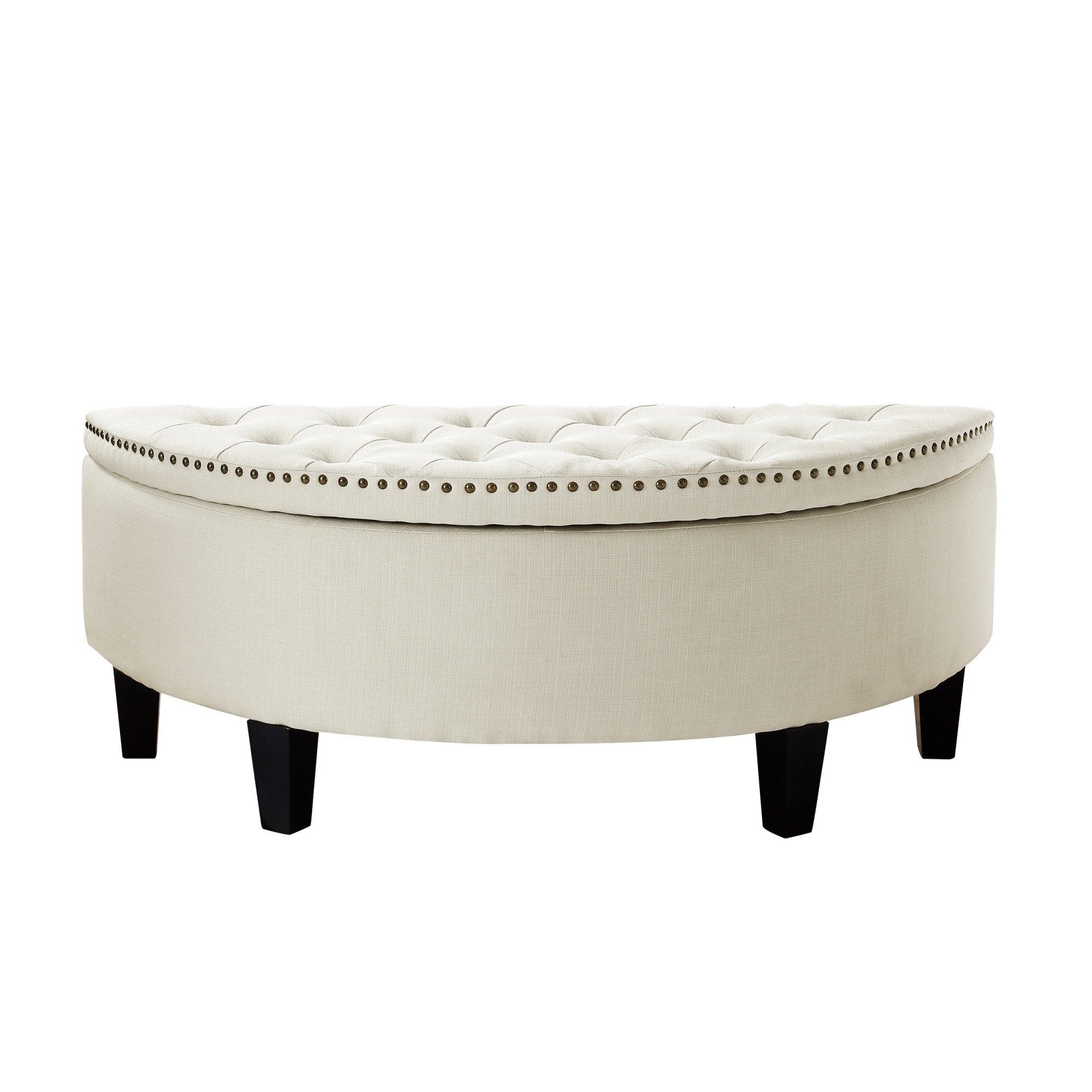 44" White Linen And Black Tufted Half Circle Storage Ottoman