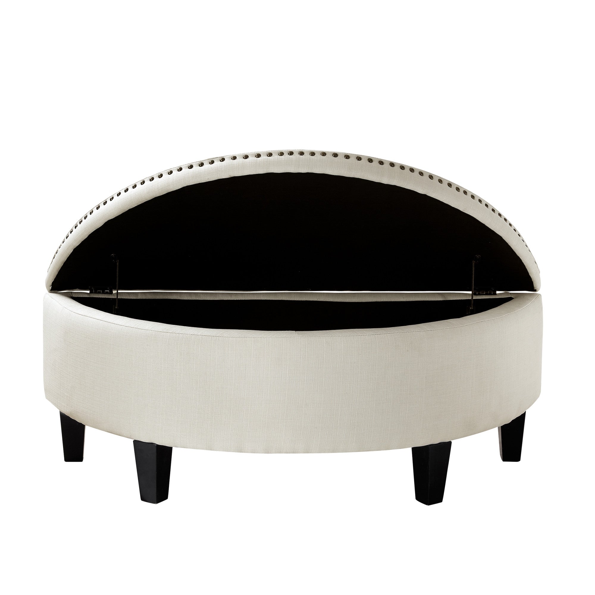 44" White Linen And Black Tufted Half Circle Storage Ottoman