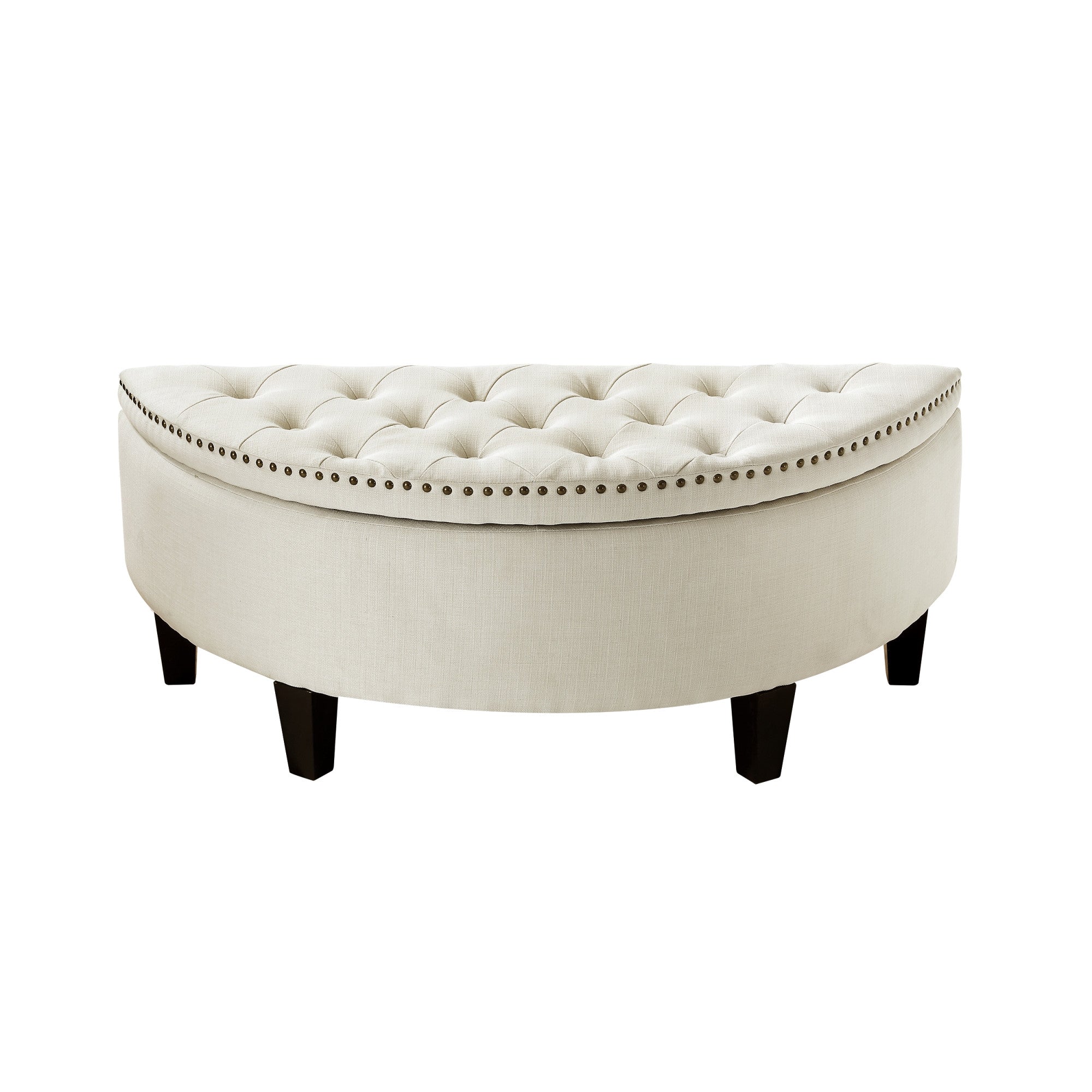 44" White Linen And Black Tufted Half Circle Storage Ottoman