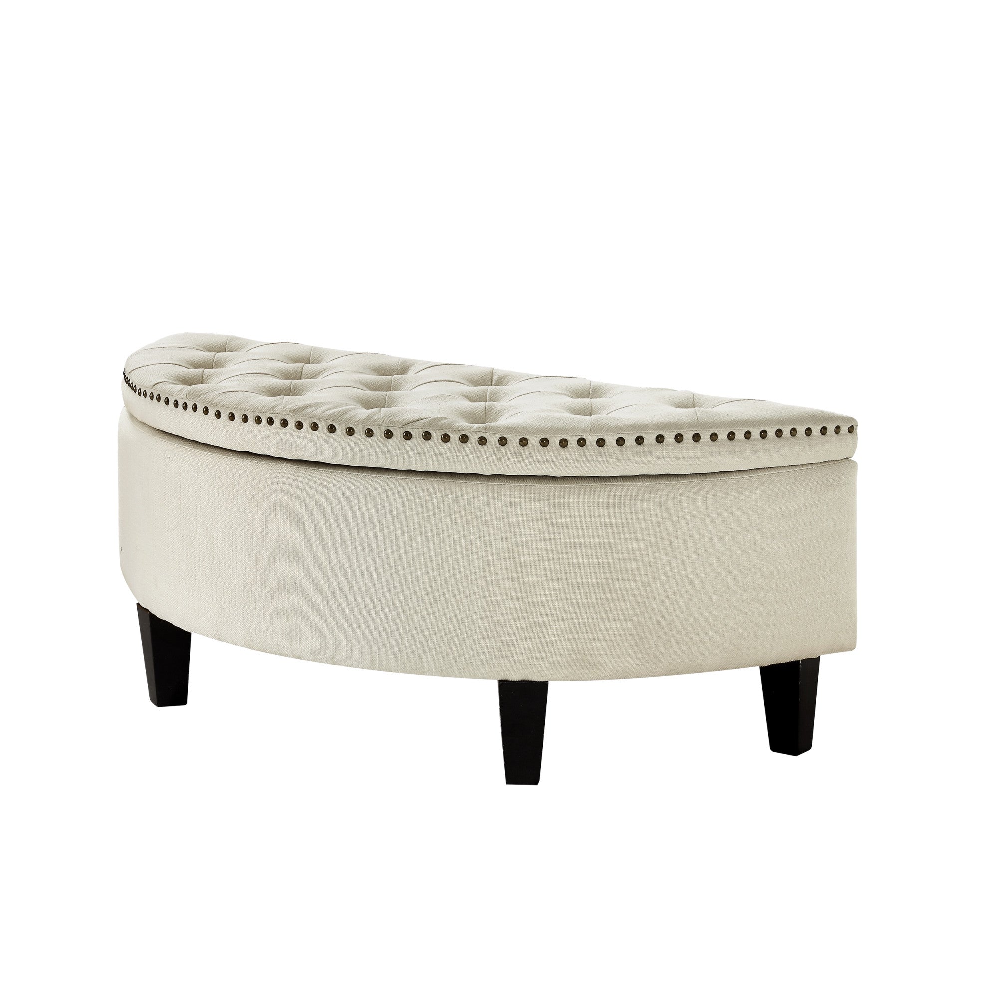 44" White Linen And Black Tufted Half Circle Storage Ottoman