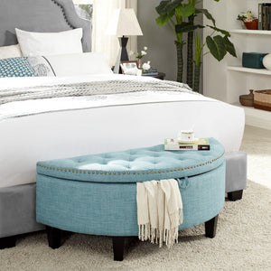 44" Light Blue Linen And Black Tufted Half Circle Storage