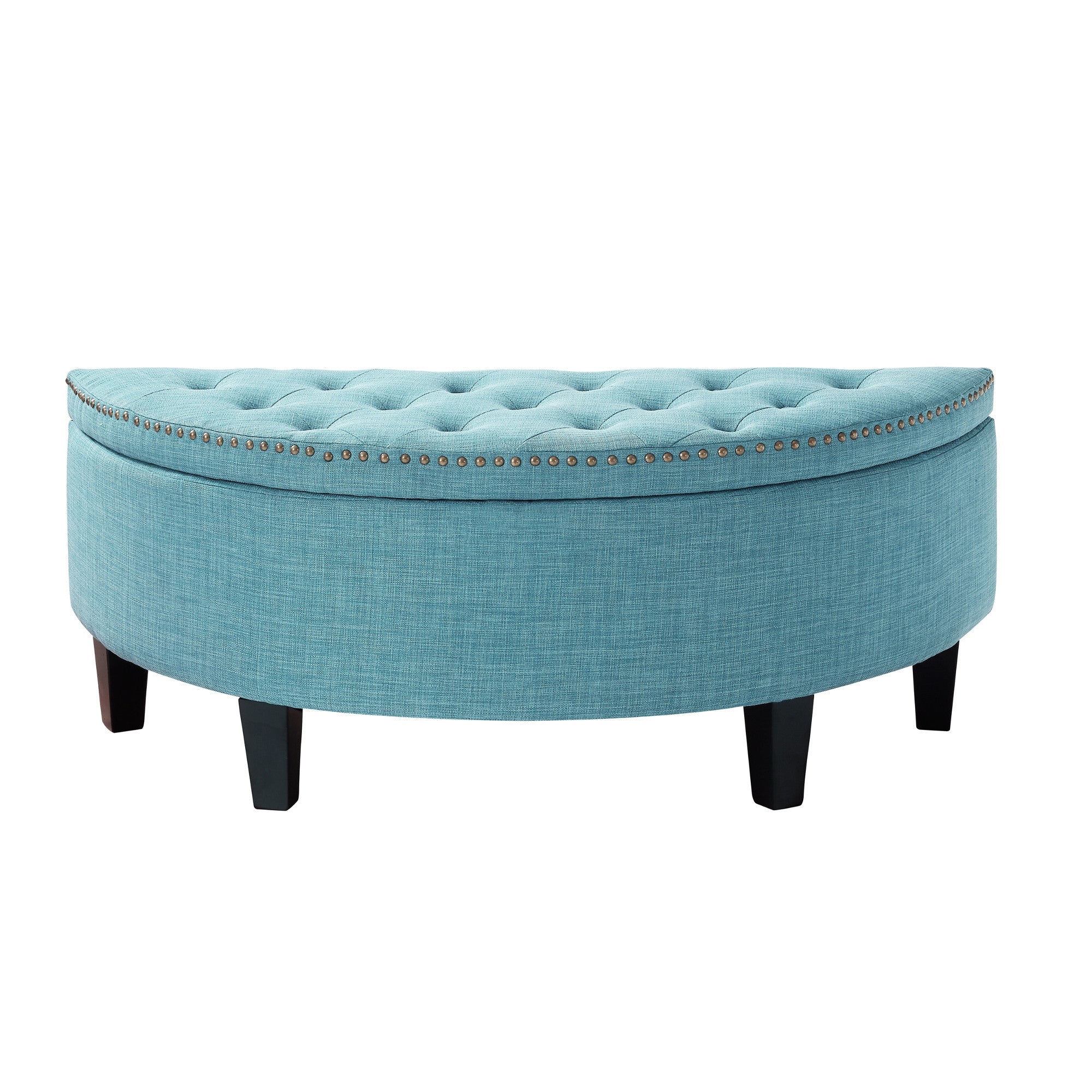 44" Light Blue Linen And Black Tufted Half Circle Storage