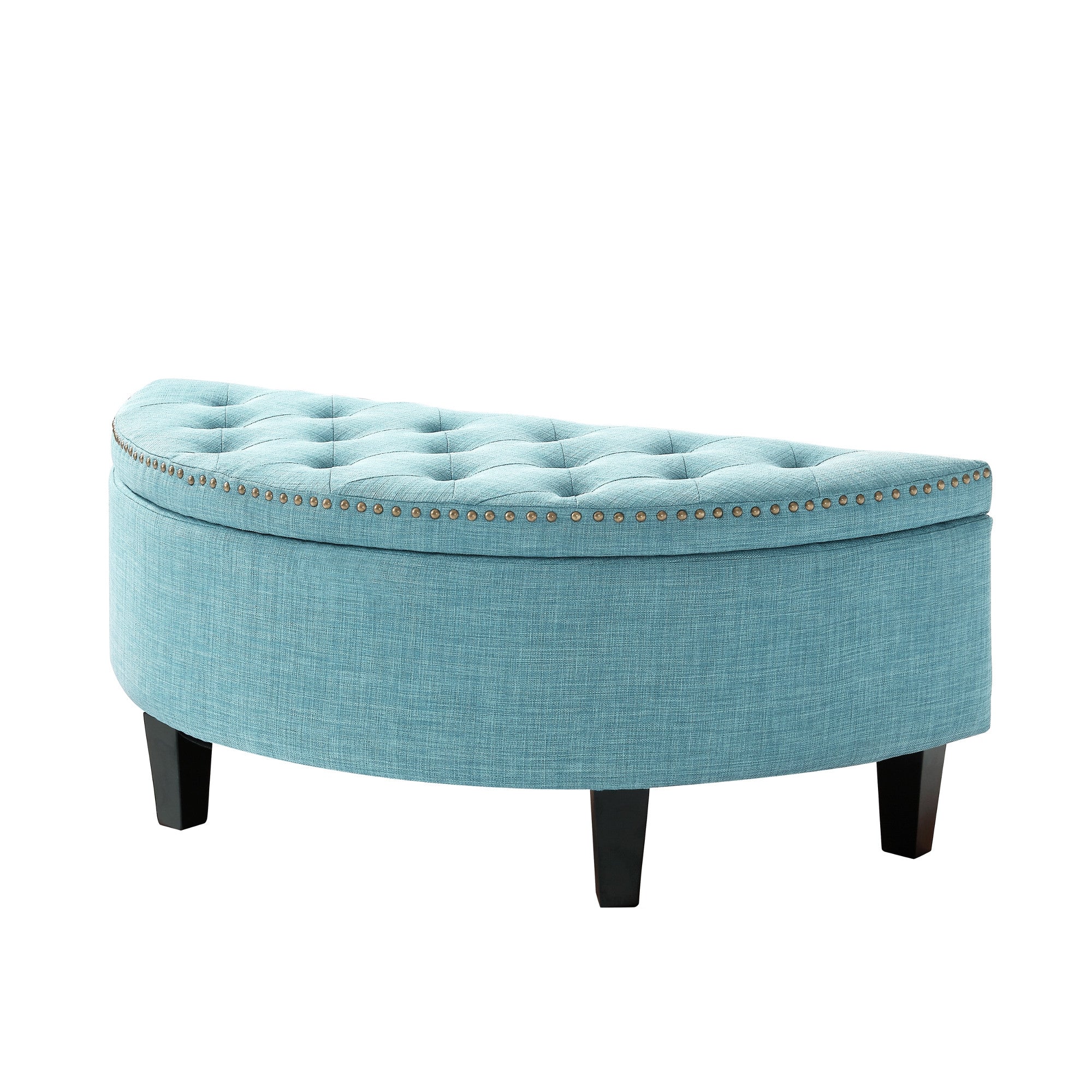 44" Light Blue Linen And Black Tufted Half Circle Storage
