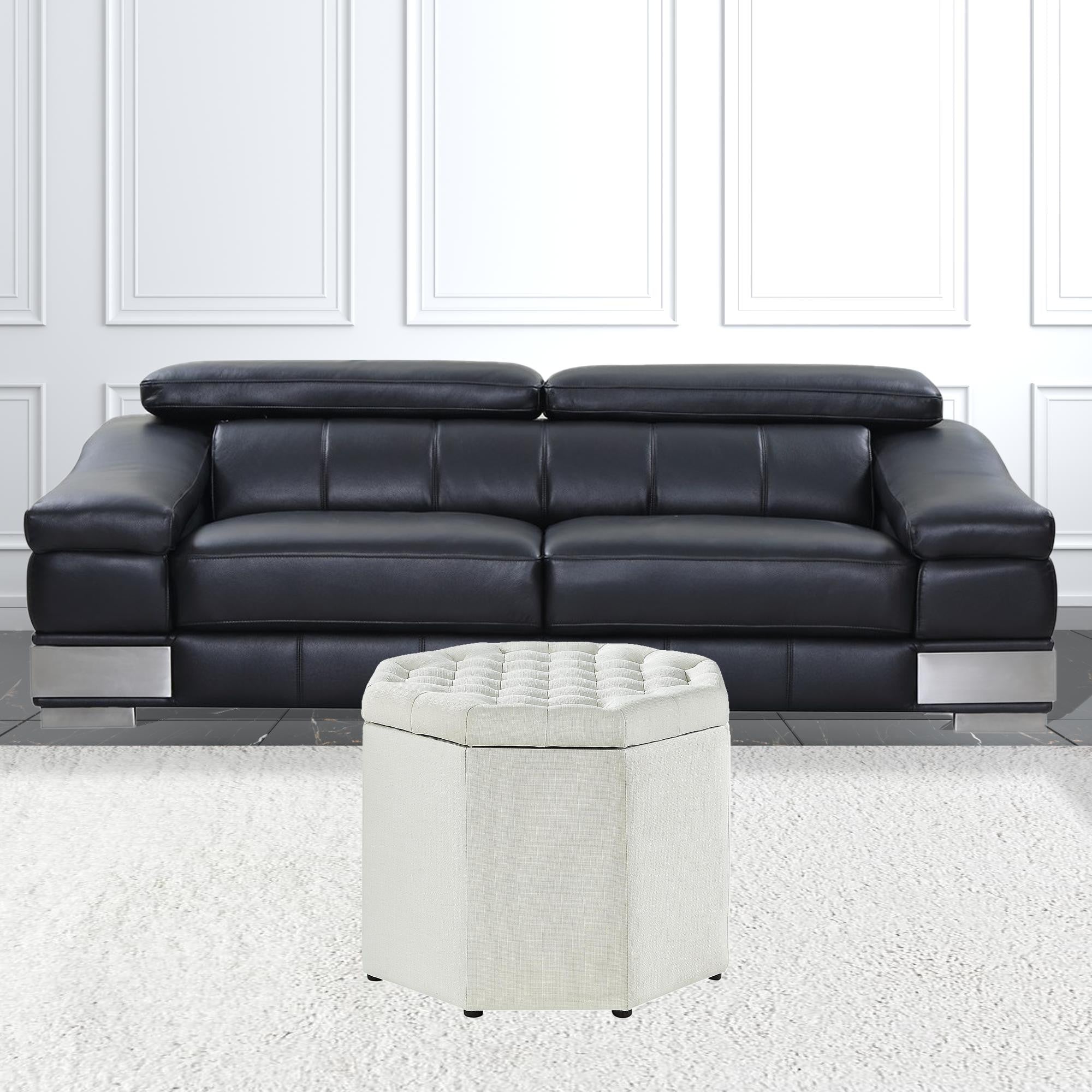 25" White Linen And Black Tufted Specialty Storage Ottoman