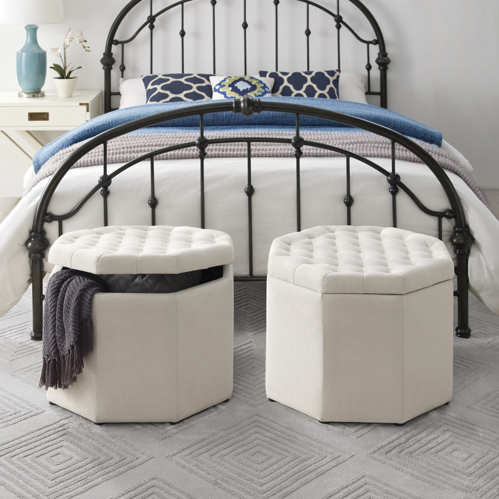 25" White Linen And Black Tufted Specialty Storage Ottoman