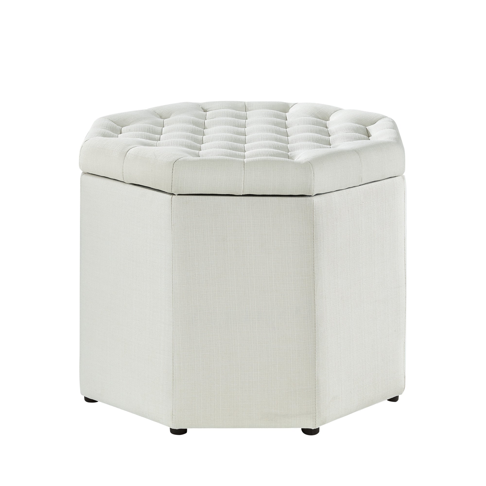 25" White Linen And Black Tufted Specialty Storage Ottoman